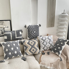 Yickyue Boho Grey Geometric Tufted Cushion Cover Four Corner Fringe Sofa Pillow Covers Decorative Square Decorative Pillows for Sofa