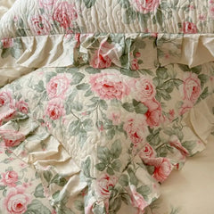 YICKYUE  -  100% Cotton Korean Princess Style Ruffles Flowers Bedding Set Queen King Size Duver Cover Set Quilted Lace Bed Skirt Pillowcases