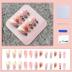YICKYUE  -  Blue and White Handdrawn Lines Press on Nails Wearable Nail Silver Edge with Diamonds Ninimalist Fake Nail Free Toolkit