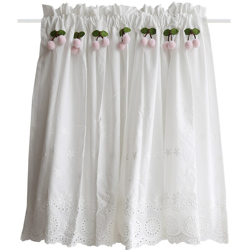 Yickyue  Pastoral White Short Curtains with Cherries French Embroidery Window Valance Curtain for Bathroom Kitchen Cafe Doorway Drapes