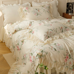 YICKYUE  -  Pure Cotton Vintage French Pastoral Country Flowers Print Double layer Lace Ruffles Bedding Set Duvet Cover Bed Skirt Pillowcase