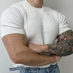Hearujoy Summer New Men Thin Knitted T Shirts Slim Fit Elastic Short Sleeve O Neck Tee Fashion Solid Color Ribbed Muscle T-shirt Male