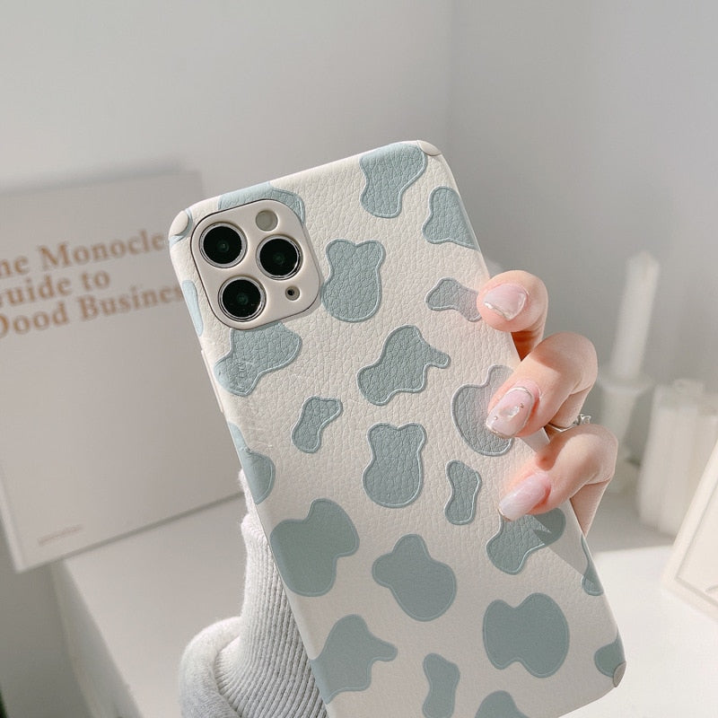 Leather Cow pattern ins jane phone case for iphone x xr 11 12 mini 13 pro max xsmax 8 7 plus cute cartoon back cover capa shell