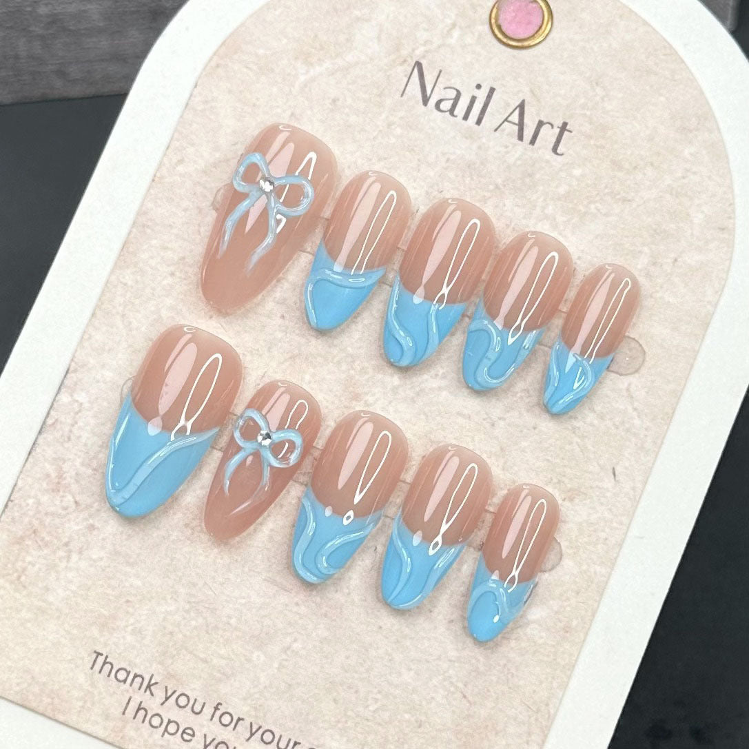 YICKYUE  -  10Pcs Handmade Blue Fake Nails with Hand-painted Bow Designs Mid-length Almond Press on False Nails French Full Cover Nail Tips