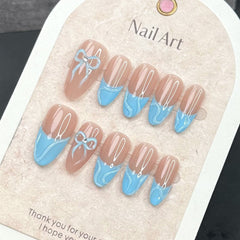 YICKYUE  -  10Pcs Handmade Blue Fake Nails with Hand-painted Bow Designs Mid-length Almond Press on False Nails French Full Cover Nail Tips