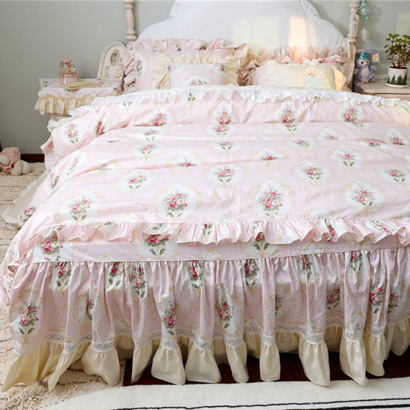 YICKYUE  -  Pink French Bed Cover Full Set Retro Rose Printed Bed Linen Set Bed Sheet Pillowcase Quilt Cover Home Elegant Pastoral Bedingset