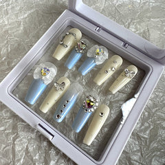 Glitter Rhinestone Design Fake Nail With Glue Press On Nails Y2K Handmade Luxury Long Coffin Reusable False Nails Tips Manicure