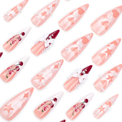 YICKYUE  -  24pcs Super Long Tip Cherry Pink French Fake Nails With Hollow Star Love Design Press On Nails Stiletto 3D Bow Pearl False Nails