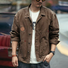 Hearujoy American Retro Heavyweight Men Workwear Jacket Safari Style Shirts Spring  Autumn Long sleeve Hunting Tops Casual Loose Coat