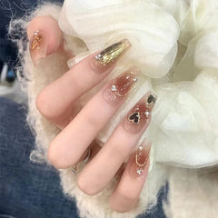 YICKYUE  -  24pcs Gold Foil Fake Nails Retro Brown Lady Girl Press on Nails With Rhinestone Design Full Cover Artificial Nail Patch Wearable