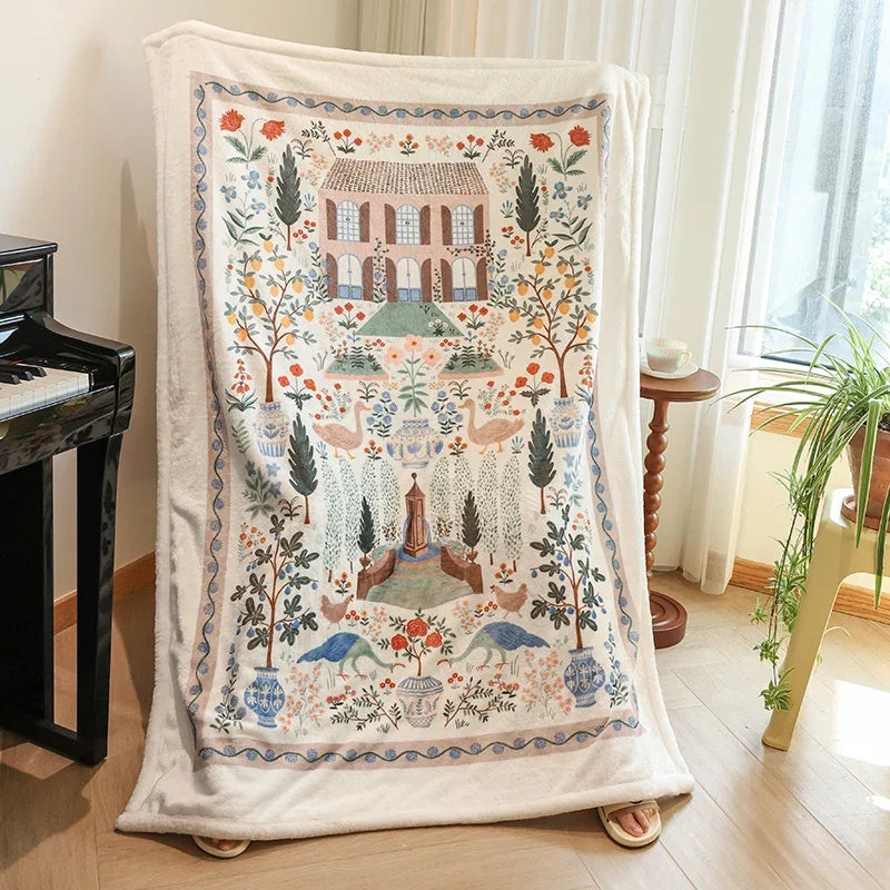YICKYUE  -  Spring Autumn Winter Season Flannel Fleece Throw Blanket for Sofa Bed Retro Cartoon Pattern Printed Blanket Office Home Travel