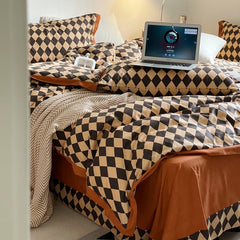 100% Cotton Check Bedding Set Square Lattice Morden Bedsheet Quilt Cover220x240cm Soft Fashionable Simple Design Bedroom