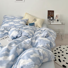 YICKYUE  -Simple Cloud Bed Sheet Quilt Cover All Cotton Washed Cotton Four-piece Set