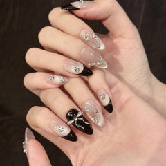 YICKYUE  -  10pcs Handmade Press on Nails Sweet Pink Cat Eye False Nails Wearable Full Cover Black French Bow Design Almond False Nail Tips