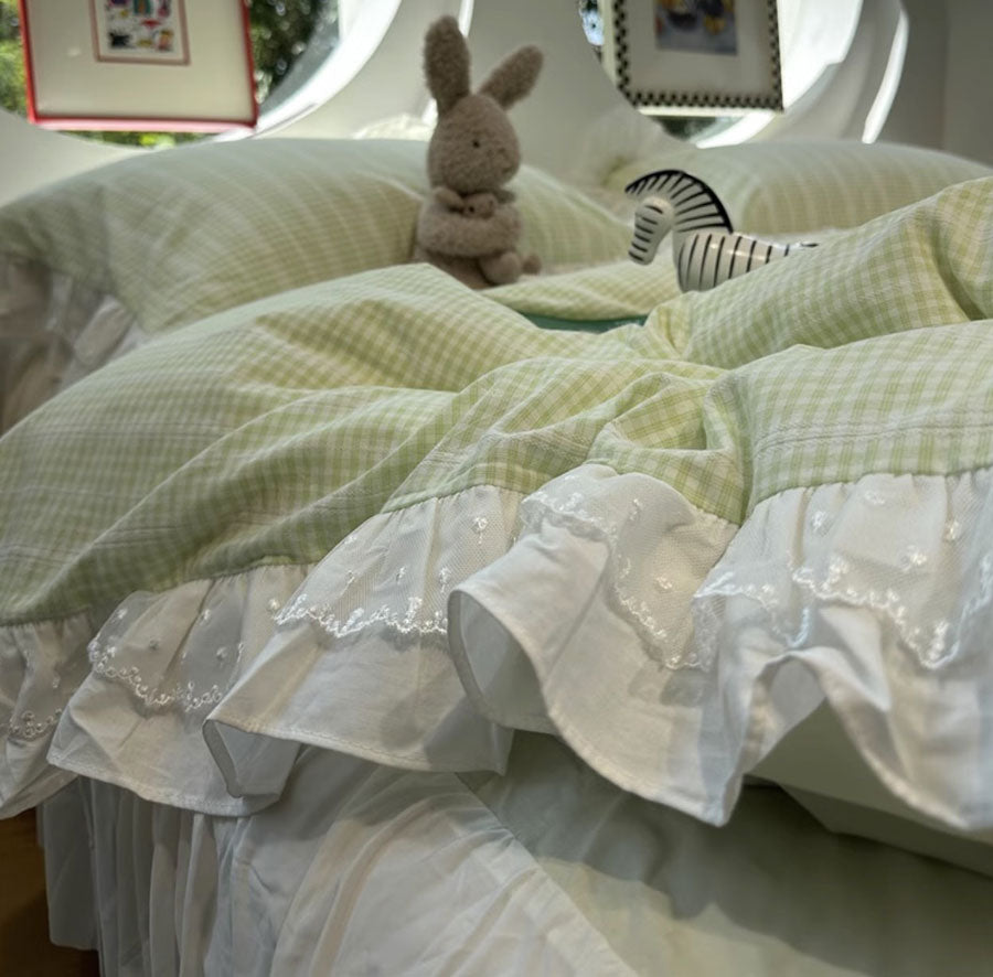 YICKYUE  -  Fresh fashion green plaid bed set,twin full queen fairyfair lace checked cotton home textile bed sheet pillow case quilt cover