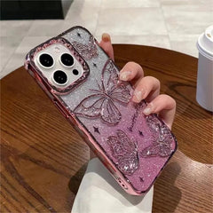 YICKYUE  3D Bling Glitter Butterfly Quicksand Gradient Phone Case For iPhone 16 15 14 13 12 11 Pro Max 16 Plus Plating Shockproof  Cover