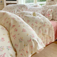 YICKYUE  Flower Washed Cotton Bedding Set Duvet Cover Set Korean Lace Ruffles Quilt Cover Soft Skin-friendly Cover Bed Linen Pillowcases