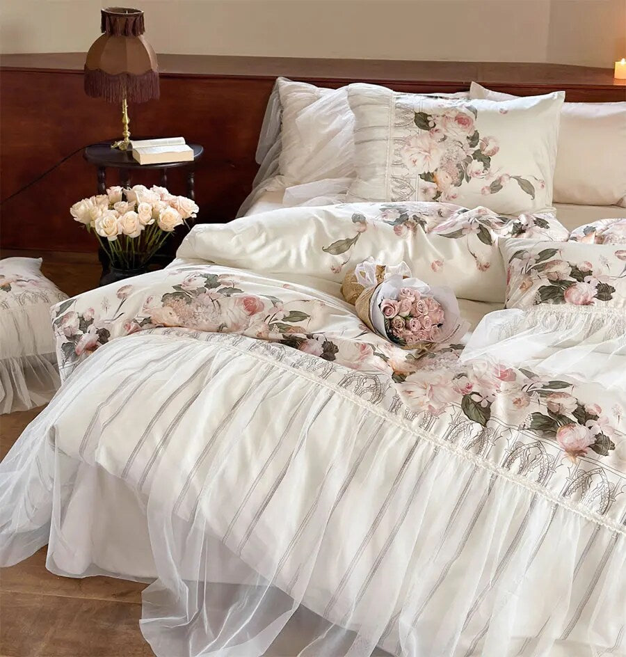 YICKYUE  Elegant romantic pastoral flower bedding set,full queen king fairyfair flounce home textile bed sheet pillow case quilt cover