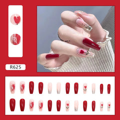 Yickyue 24Pcs False Nails Fake Nails Press on Nails The Butterfly Flowers Love Cool The Butterfly Wine Red Shading Grid Texture Square