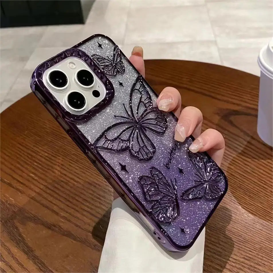 YICKYUE  3D Bling Glitter Butterfly Quicksand Gradient Phone Case For iPhone 16 15 14 13 12 11 Pro Max 16 Plus Plating Shockproof  Cover