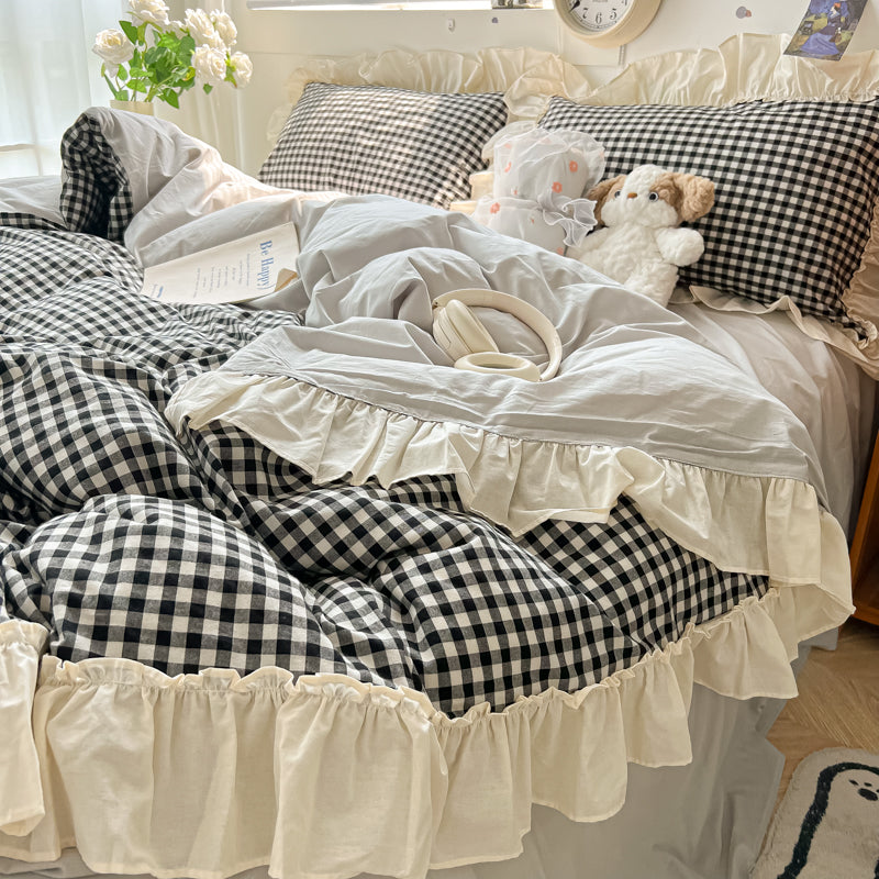 YICKYUE  -  Korean Princess Style Washed Cotton Soft Bedding Set Pink Blue Black Green Lattice Lace Ruffles Duvet Cover Set With Pillowcases