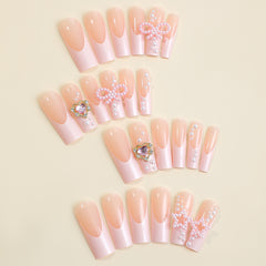 YICKYUE  -  24pcs Pink Bowknot False Nails Retro Pearl Design Artificial Nail Patch for Girl Women Long Coffin European False Nail Patches