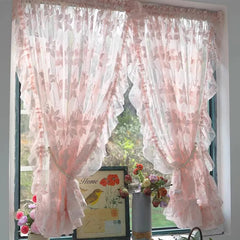 YICKYUE  -  Korean Beautiful Romantic Pink Flower Ruffled Sheer Tulle Curtain Rod Pocket For Bedroom Princess Room Wedding Home Decor