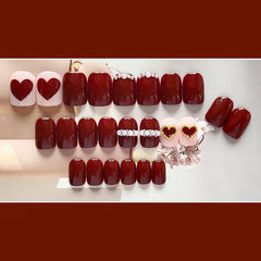YICKYUE  -  24pcs Red Fake Nails Press on Rhinestone Heart Design Medium Artificial Nail Tip with Glue Full Cover Stick-on Nails Tips Art