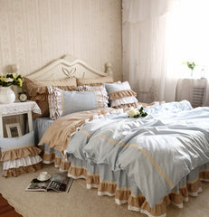 New Classic Blue Lace Bedding Set Flounces Lattice Block Process Princess Bedding Ruffle Duvet Cover Bedskirt Bed Sheet Sets