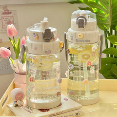 2L Kawaii Water Bottle With Time Marker Straw Plastic Clear Sport Gym Water Jug Gourd Cute Large Portable Drink Bottle BPA Free