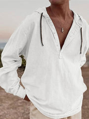 Hearujoy Vintage Cotton Linen Hooded Shirt For Men Long Sleeve V Neck Hoodies Tops Fall Casual Loose Shirts Seaside Beach Blouse Clothing