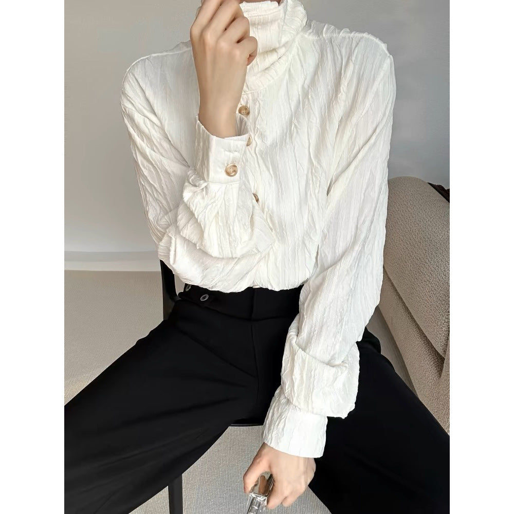 Hearujoy Wrinkle Texture Sensation Shirts For Men Stand Collar Long Sleeve Loose Top Spring Autumn Vintage French Fashion Casual Shirt