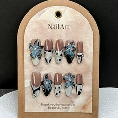 YICKYUE  -  10pcs Handmade Press on Nails Ins Hand Painted Blue Flowers False Nail Wearable Full Cover Long Oval French Fake Nail Tips