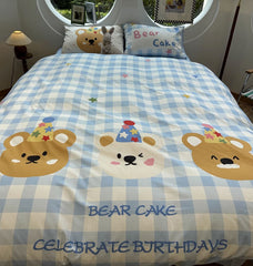 YICKYUE  -  Cute cartoon bear blue plaid bedding set single double kid,twin full queen cotton home textile bed sheet pillow case quilt cover