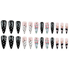 YICKYUE  -  24pcs Chinese Wintersweet Press on Nails Black White Dot Printed Fake Nail Tips for Girl Women Wearable Long Almond False Nails