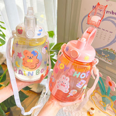 1300ml Cute Bear Big Capacity Water Bottle With Straw Strap Plastic Portable Sport Transparent Drink Bottles For Children Girl
