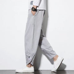 Hearujoy Mens Cotton Linen Casual Pants Chinese Style Crane Embroidery Harlan Cropped Pants Spring Summer Fashion Loose Retro Trousers
