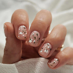 YICKYUE  -  24Pcs Short Square Head Fake Nail with Jelly Glue French Flowers Design False Nails Wearable Ballet Press on Nails Nail Tips