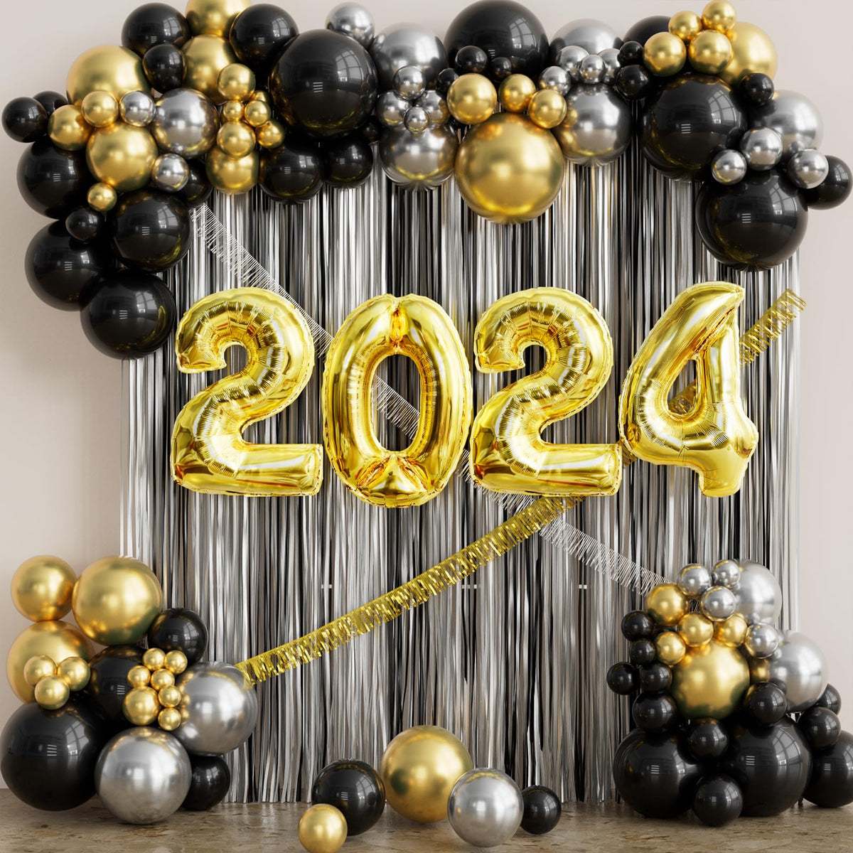 YICKYUE  -  Happy New Year Eve Party Decorations Black Silver Fringe Curtain Backdrop Golden Balloons 131PCS Balloons Garland Arch Kit
