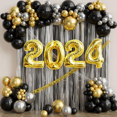 YICKYUE  -  Happy New Year Eve Party Decorations Black Silver Fringe Curtain Backdrop Golden Balloons 131PCS Balloons Garland Arch Kit