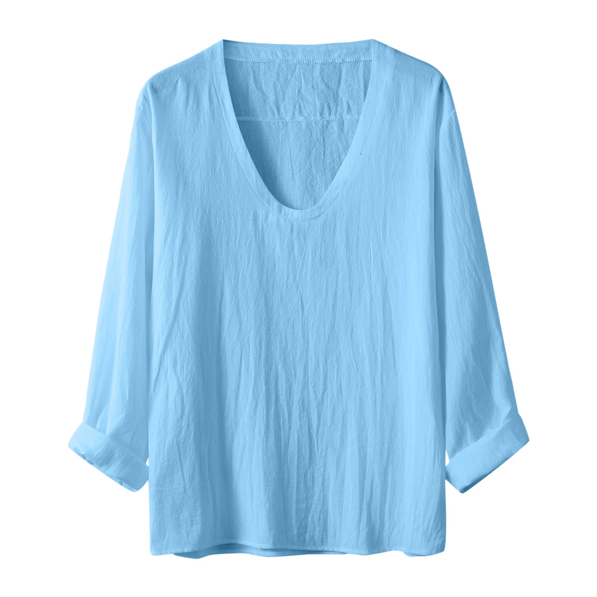 Hearujoy Spring Summer Mens V Neck Cotton Linen T-shirt Loose Solid Long Sleeve Pullovers Tops Fashion Casual Clothing Streetwear