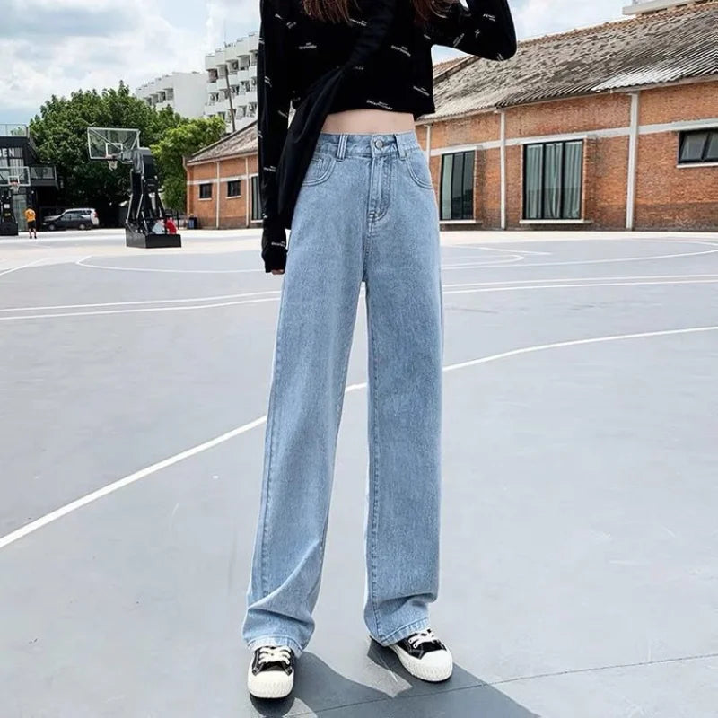 Hearujoy  90s Streetwear Y2K Harajuku Gothic High Waist Wide Trousers  Hip Hop Skull Graphic Embroidery Blue Vintage Baggy Punk Style Jeans Mens Womens