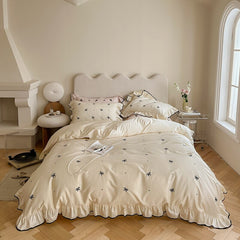 Yickyue Girlish Embroidered Bow Bedding Set 300TC Cotton Queen King Size Lovely Bed Sheet Pillowcase Duvet Cover Set 4pcs with Ruffles
