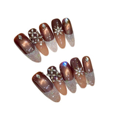 YICKYUE  -  10pcs Luxury Handmade Long Oval Press on Nail Sparkling French Cat Eye Fake Nails Shiny Rhinestone Decor Coffee Color False Nail