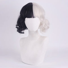 new movie Cruella Wig Half Black and White Wigs for Costume Cosplay Women Girls Short Curly Hair Cute Wigs for Party Halloween