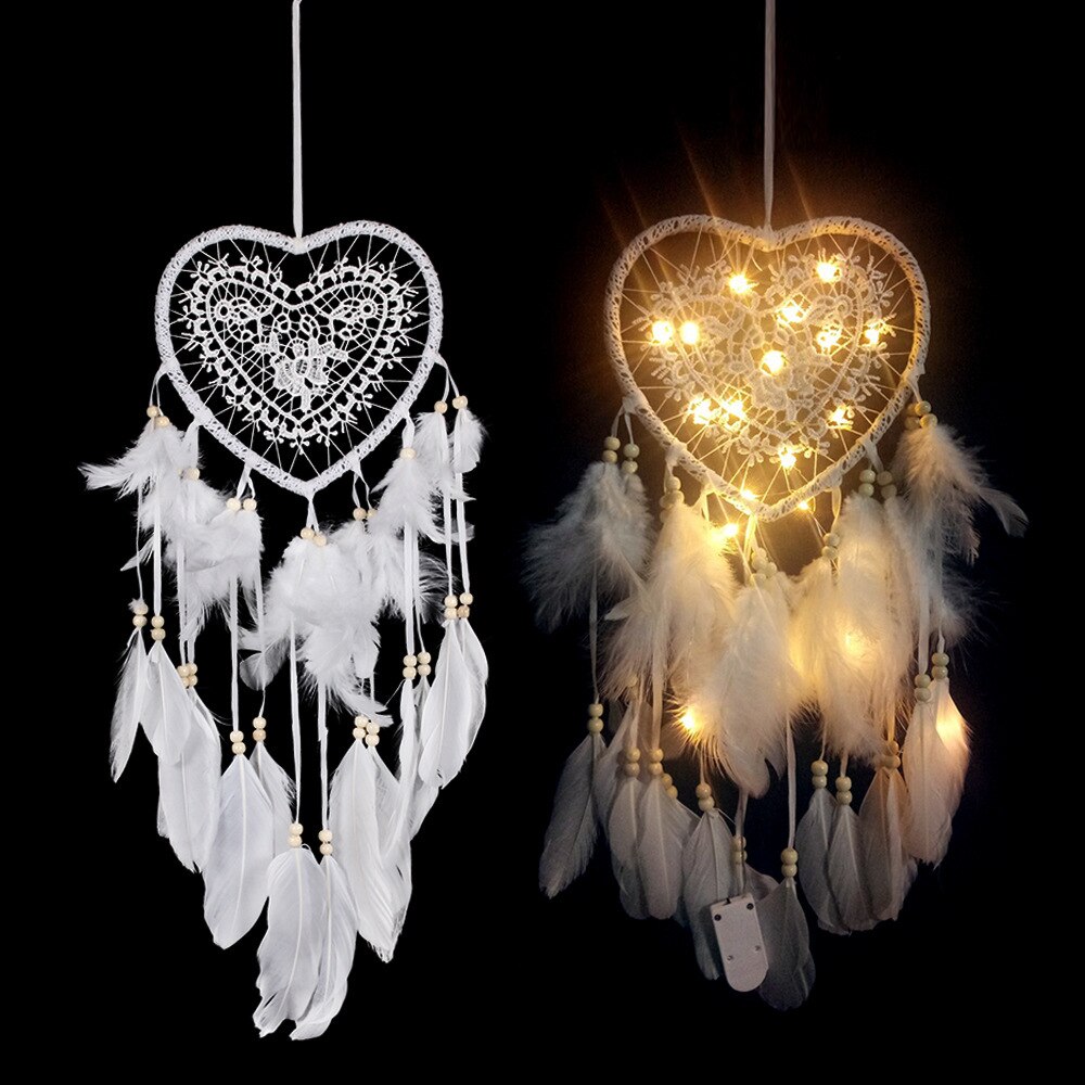 Heart Dream Catcher Boho Home Decor White Pink Feather Beaded Dreamcatcher with Lights Christmas Decoration Girl Nursery Decor