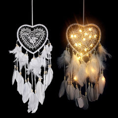 Heart Dream Catcher Boho Home Decor White Pink Feather Beaded Dreamcatcher with Lights Christmas Decoration Girl Nursery Decor