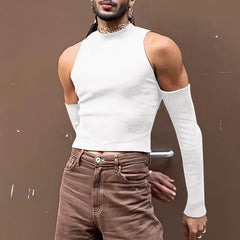 Hearujoy Sexy Off Shoulder T shirts For Men High Neck Long Sleeve Tight Turtleneck Tops Summer Casual Slim Hollow Out Crop Tee Streetwear