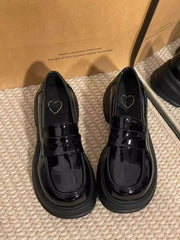 YICKYUE  -  Women's Retro British Style Black Leather Shoes 34-46 Large Size Uniform Single Shoes Thick Bottom Flat Heels round Toe