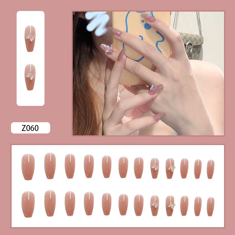 24pcs Long Ballerina False Nails  Detachable Finger Nail Butterfly Pearl False Nail Design Wearable Fake Nails